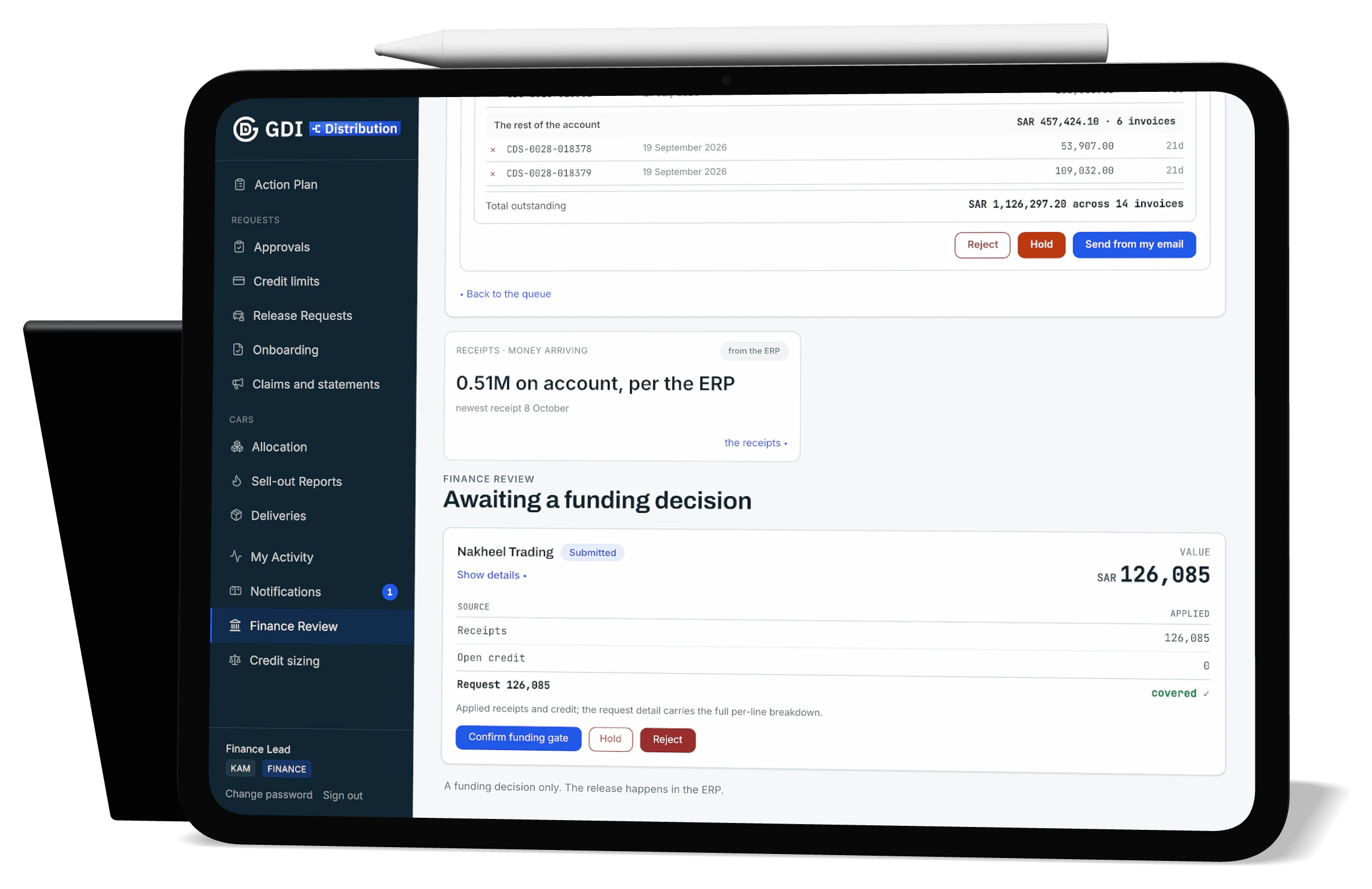 A release request checked against receipts and open credit